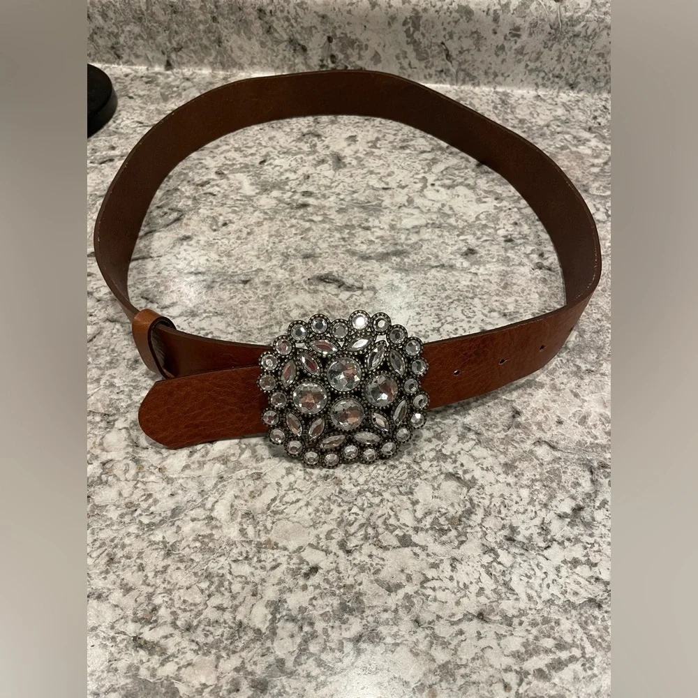 Chinese Laundry Boho Brown Leather Belt oval Rhinestone Buckle Sz Large